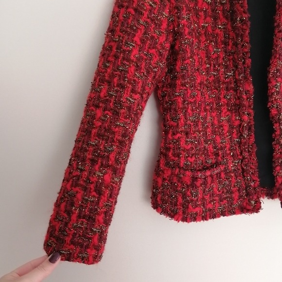 IRO Disco Frayed Metallic Bouclé-Tweed Blazer Jacket Red Wool Open Front 34 2 US - Picture 9 of 17